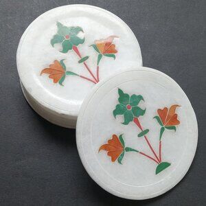 Marble & Semi Precious Stone Gem Inlay 6 Coaster Set Floral Flowers Handmade VTG